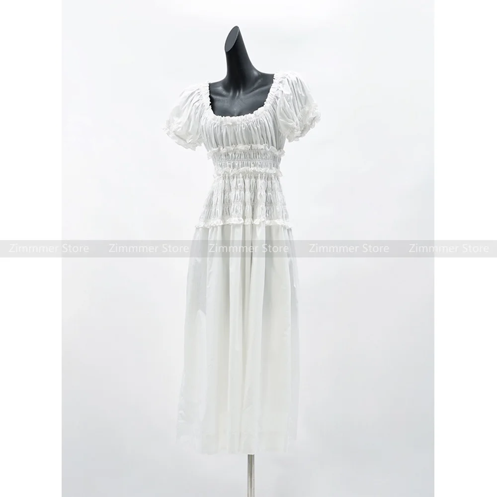 

24 Years spring and summer new vintage simple solid colour pressed pleated stretch bubble sleeve resort style rustic dresses