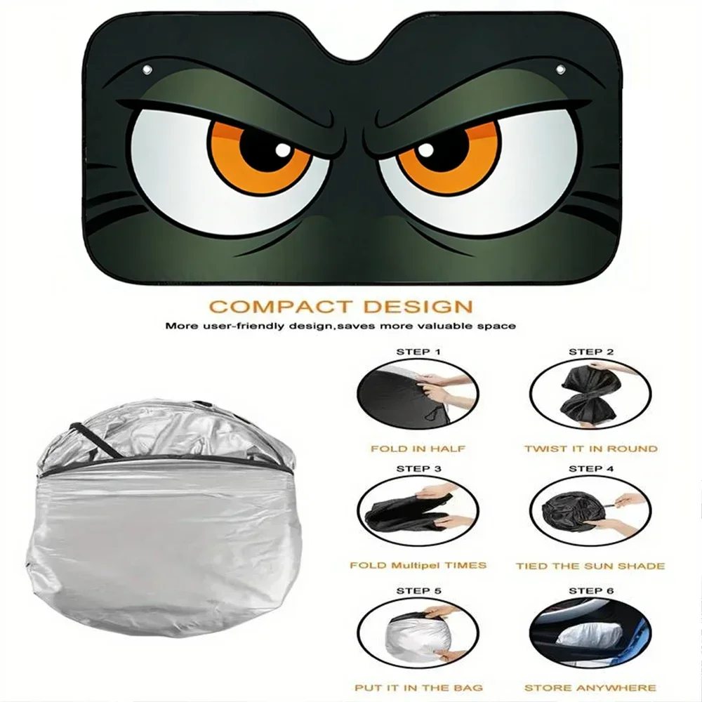 Foldable Car Front Windshield Sunshade Cute Angry Eyes Design UV Blocking Heat Insulation Sun Shield for Vehicle Interior