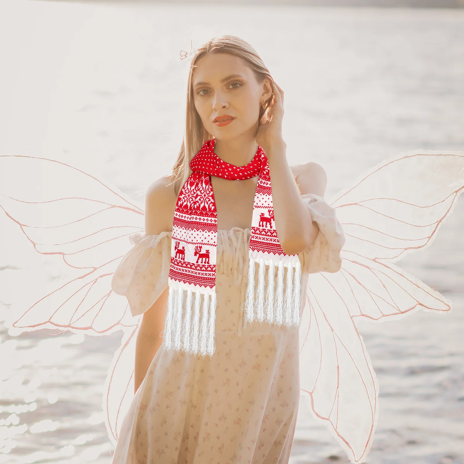 Bufanda gruesa de Navidad, bufanda cálida para otoño e invierno, bufanda protectora contra el frío, bufanda larga informal con puntos de copo de nieve y alce, regalo de Navidad para mujer