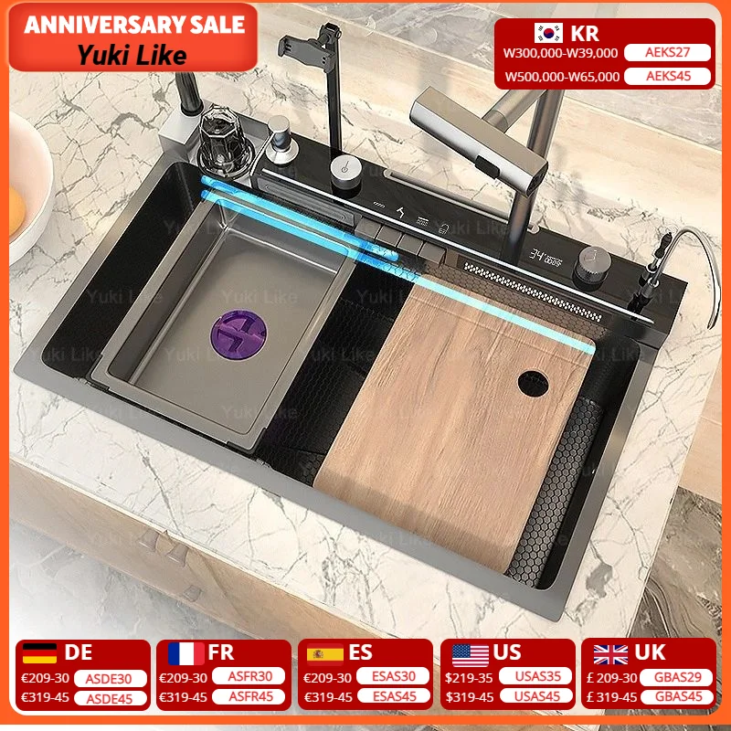 

Многофункциональная кнопка фортепиано, водопадный излив, смеситель из нержавеющей стали, кухонная раковина, цифровой экран дисплея, раковина для мытья посуды