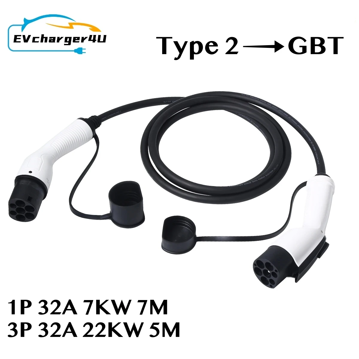 EVcharger4U Type2 to GBT EV Charging Cable 3M/5M/7M 1Phase/3Phase 32A 7KW/22KW Type 2 GB/T for Public Socket EVSE Charger