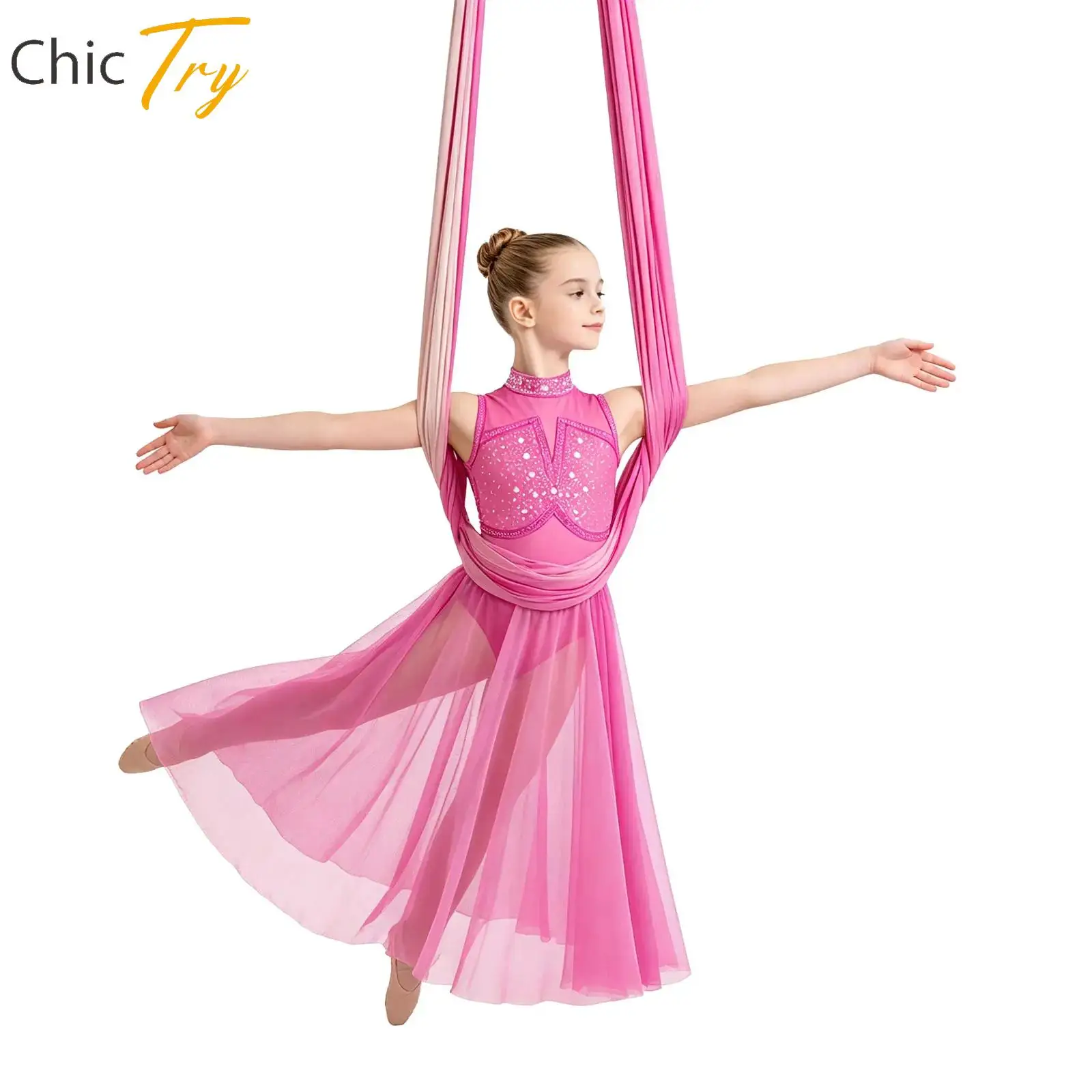 

Girls Cutout Back Ballet Modern Dance Performance Leotard Long Dress Sleeveless Lyrical Mesh Skirted Leotard for Ballet Dancing