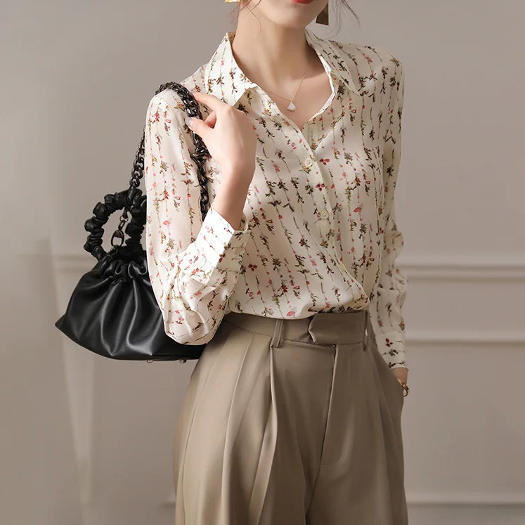 Seidenhemd Damen Sommer Neues bedrucktes langärmliges, lockeres, vielseitiges Oberteil im westlichen Stil