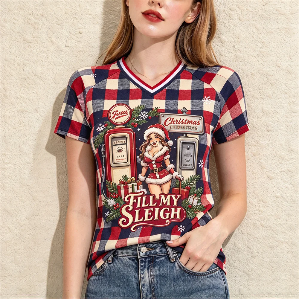 Retro Winter Christmas Ladies V Neck Short Sleeve T Shirt Vintage Graphic Women's T-shirt Tee Casual Holiday Party Clothing Tops