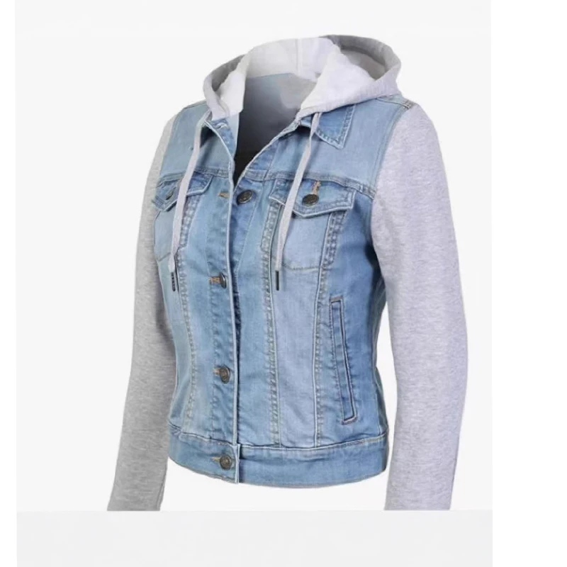 Denim Patchwork Hooded Coats for Women 2025 Trendy Drawstring Long Sleeve Casual Jackets Single Breasted Versatile Outerwear