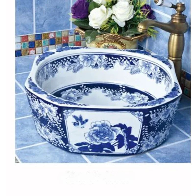 SJJY-1039-12 blue and white flower pattern square ceramic wash sink for washroom