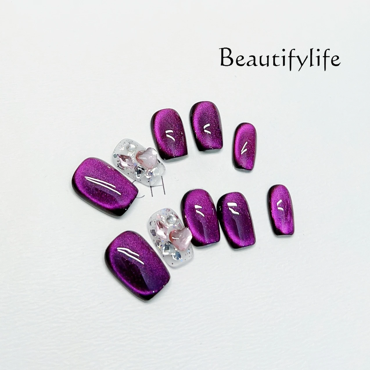 

Handmade Nail Purple Cat Eye Flash Diamond Short Nail Patch