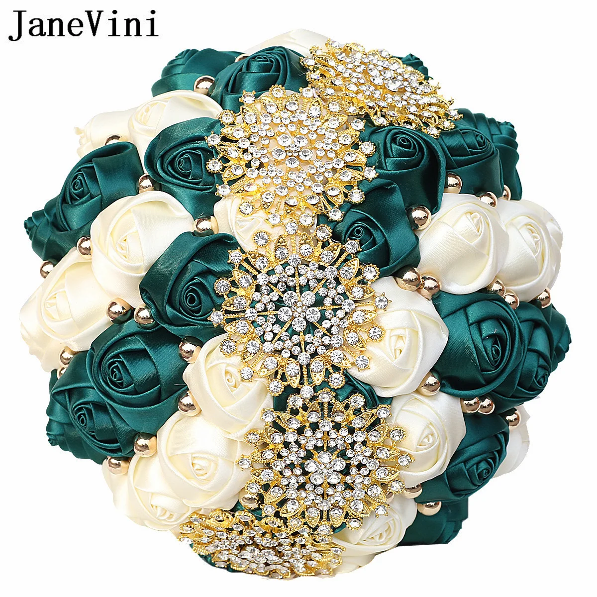 JaneVini Luxus Gold Kristall Braut Bouquet Blume Hochzeit Sage Grün Satin Funkelnden Strass Braut Hand Hochzeit Bouquet Neue