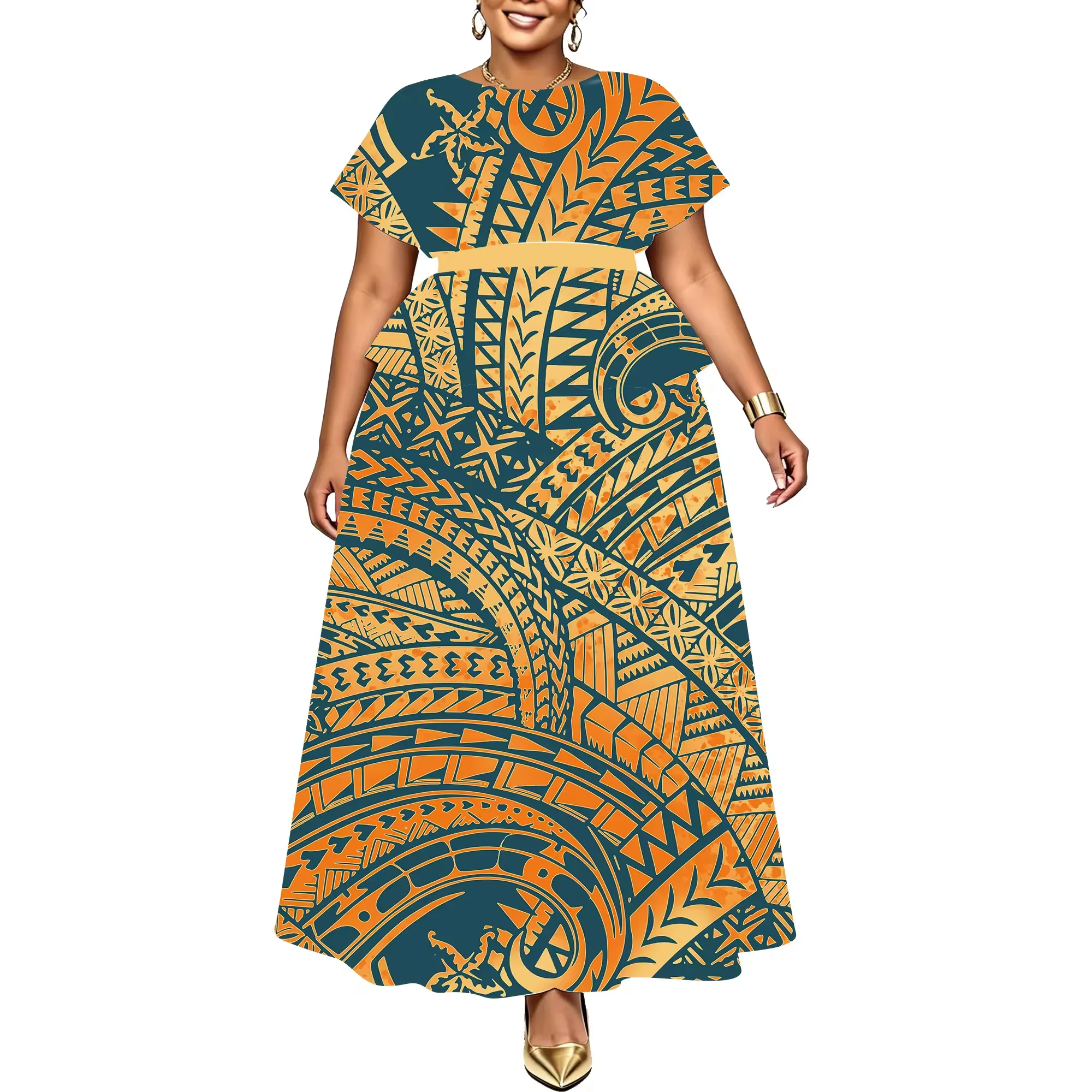 Hot Women 2 Piece Set Round Neck Short Sleeve Top High Waist Maxi Skirt Burgundy Purple Polynesian Tribal Custom Puletasi Print