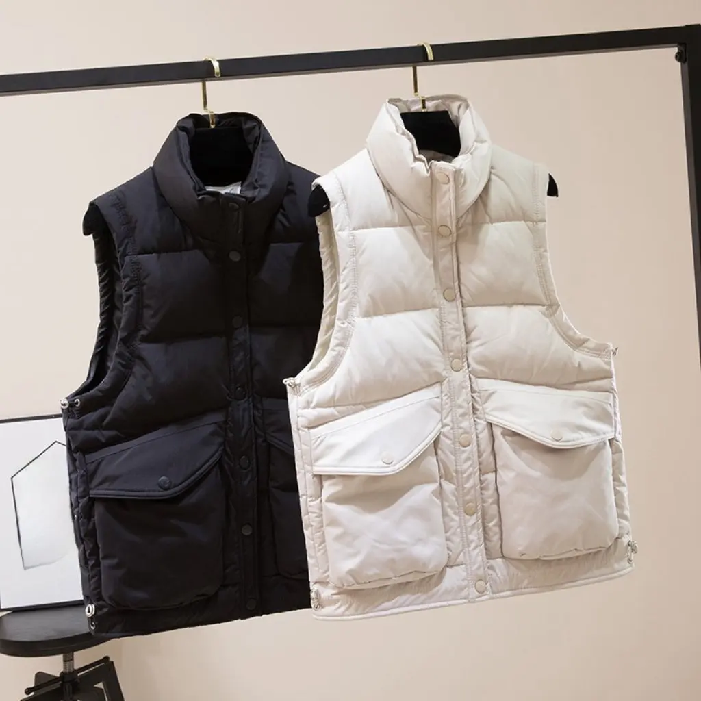 

Women's down Cotton Vest Korean Style Stand Collar Slimming Short Vest with Pockets for Autumn Winter Fashion
