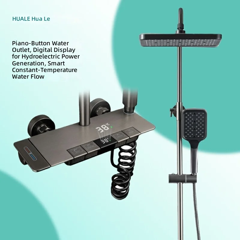 Digital Thermostatic Faucet, Gray Piano Key, Hot and Cold Water, Full Copper, Shower Set, Water Saving, Bathroom Fixture