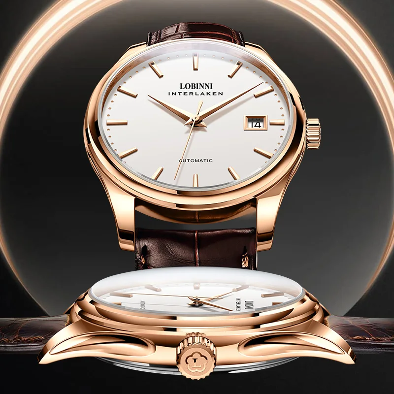 LOBINNI estilo Simple Gaviota ST2130 movimiento cuero de negocios cristal de zafiro hombres reloj automático impermeable