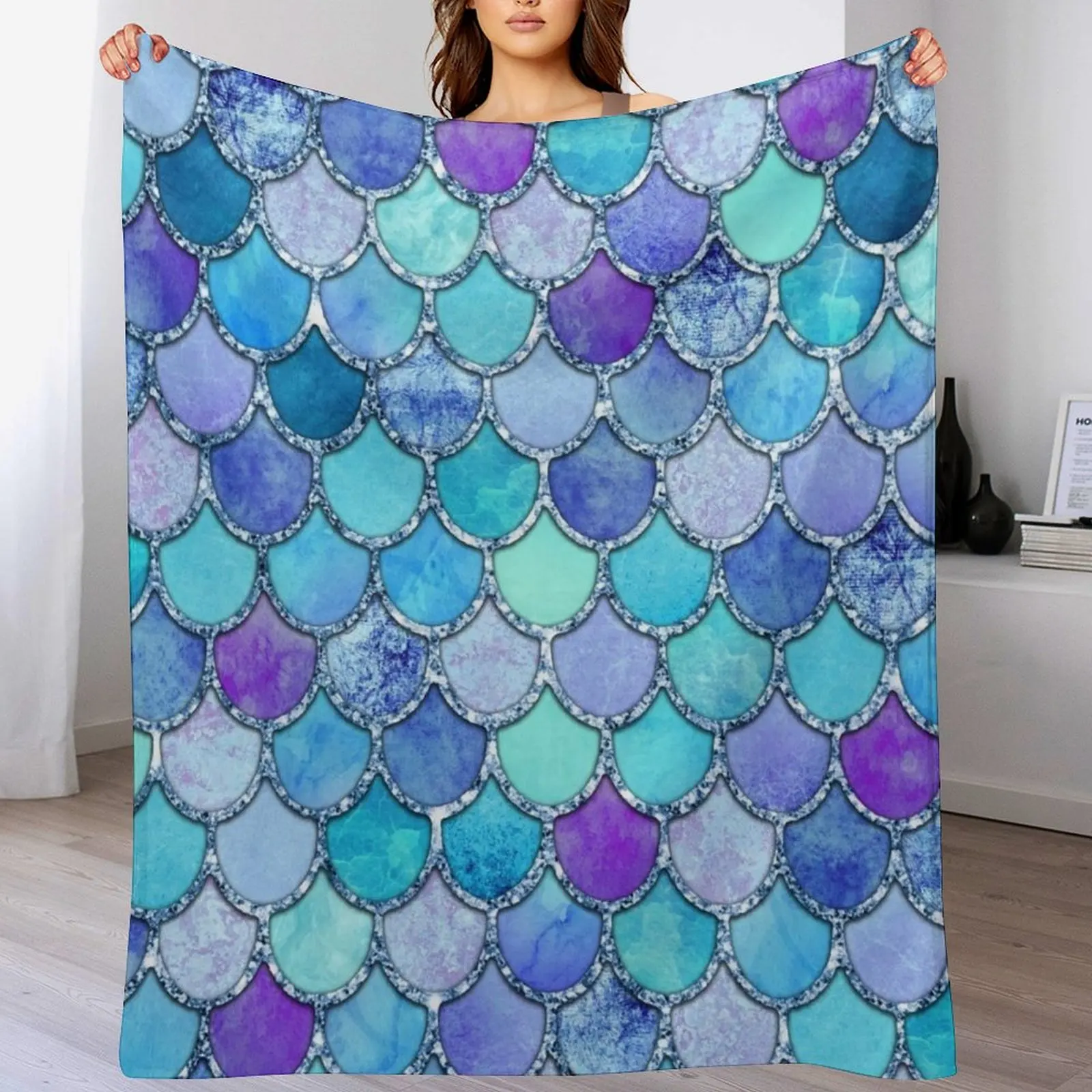 

Colorful Blues Mermaid Scales Throw Blanket Comforter Tourist Soft Plush Plaid For Sofa Thin Blankets