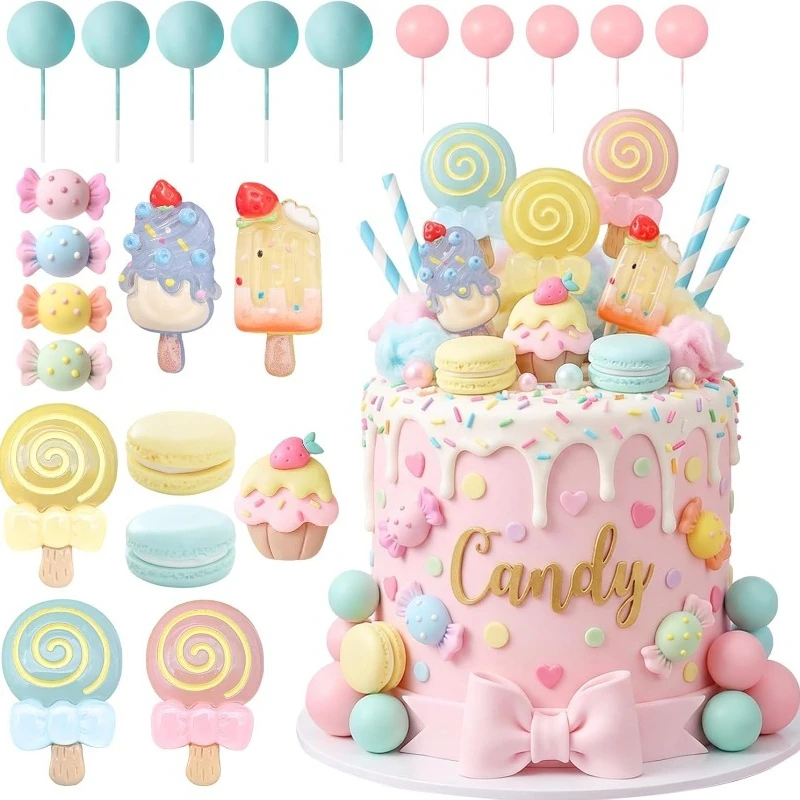 22 Piezas de Adornos para Pastel de Caramelos, Decoración para Fiesta de Cumpleaños de Niñas, Adornos para Pastel de Piruleta, Decoración para Cupcakes de Helado