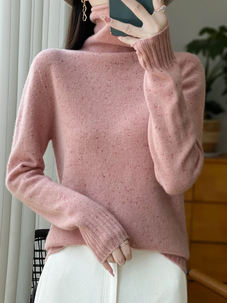 Free Collar 100% Merino Wool Sweater Women Turtleneck Knit Pullover Fashion Color Dot Loose Blouse Autumn Winter New Thick Tops