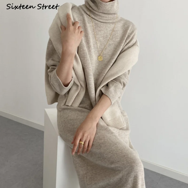 Apricot Turtleneck Sweater Dress Women 2023 Winter Oversized Vintage Elegant Woolen Dresses Women Clothing Autumn Chic Knitwear