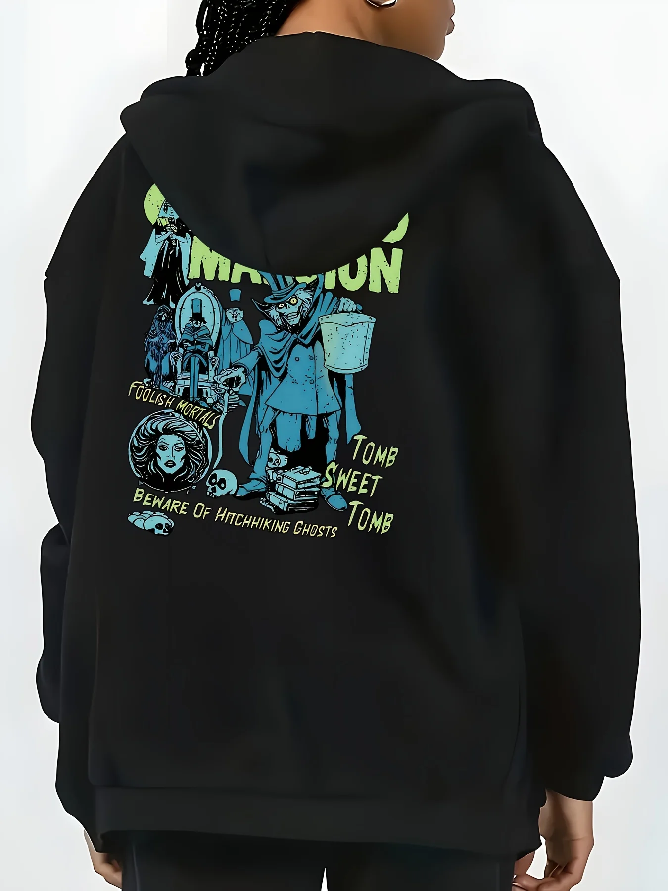

2025 New Ghost Haunted House Series Pattern Printed Women's Clothing Casual Loose Hooded Pocket Autumn and Winter Hooded