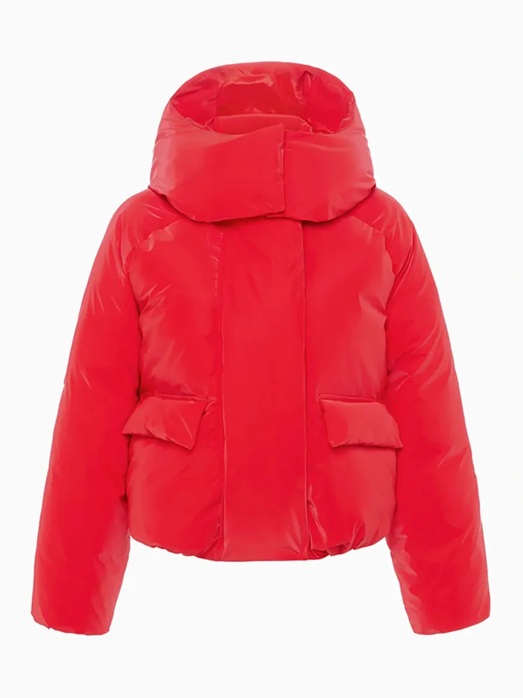 Abrigos cálidos con capucha roja a la moda para mujer, Chaqueta de algodón de manga larga con cuello levantado elegante y cremallera, prendas de vestir suaves y esponjosas para invierno para mujer