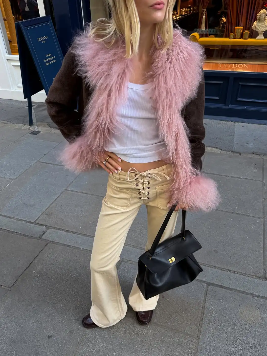 Luxury Ladies Faux Fur Jacket Curly Fluffy Fur Trim on Collar and Cuffs Long Sleeve Open Front Trendy Winter Party Outer Coat
