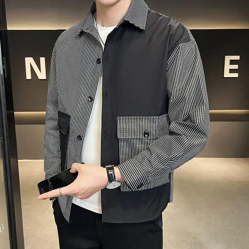 Spring Autumn New Turn-down Collar Long Sleeve Fashion Shirt Man High Street Casual Striped Printing Pockets Patchwork Cardigan