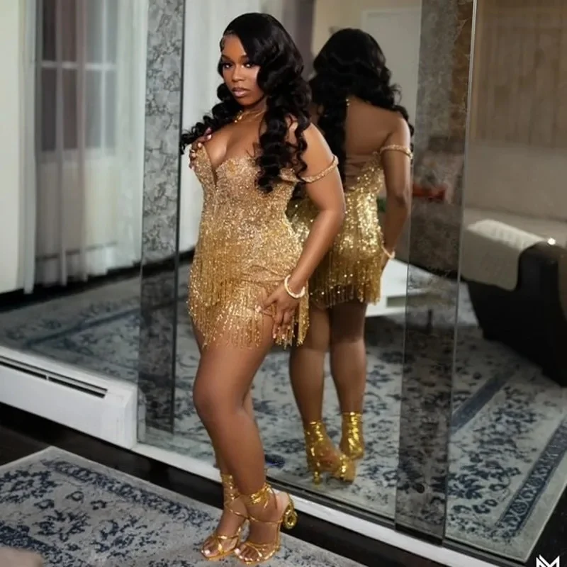 Gold Short Prom Dresses For Black Girls Sweetheart Beaded African American Birthday Party Homecoming Cocktail Dresses Customized