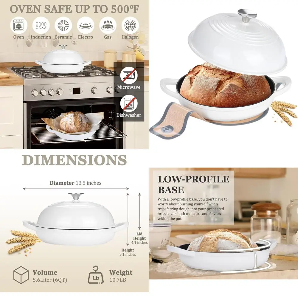 

White 6-Quart Enamel Cast Iron Dutch Oven with Lid and Silicone Baking Mat for Sourdough Bread Baking