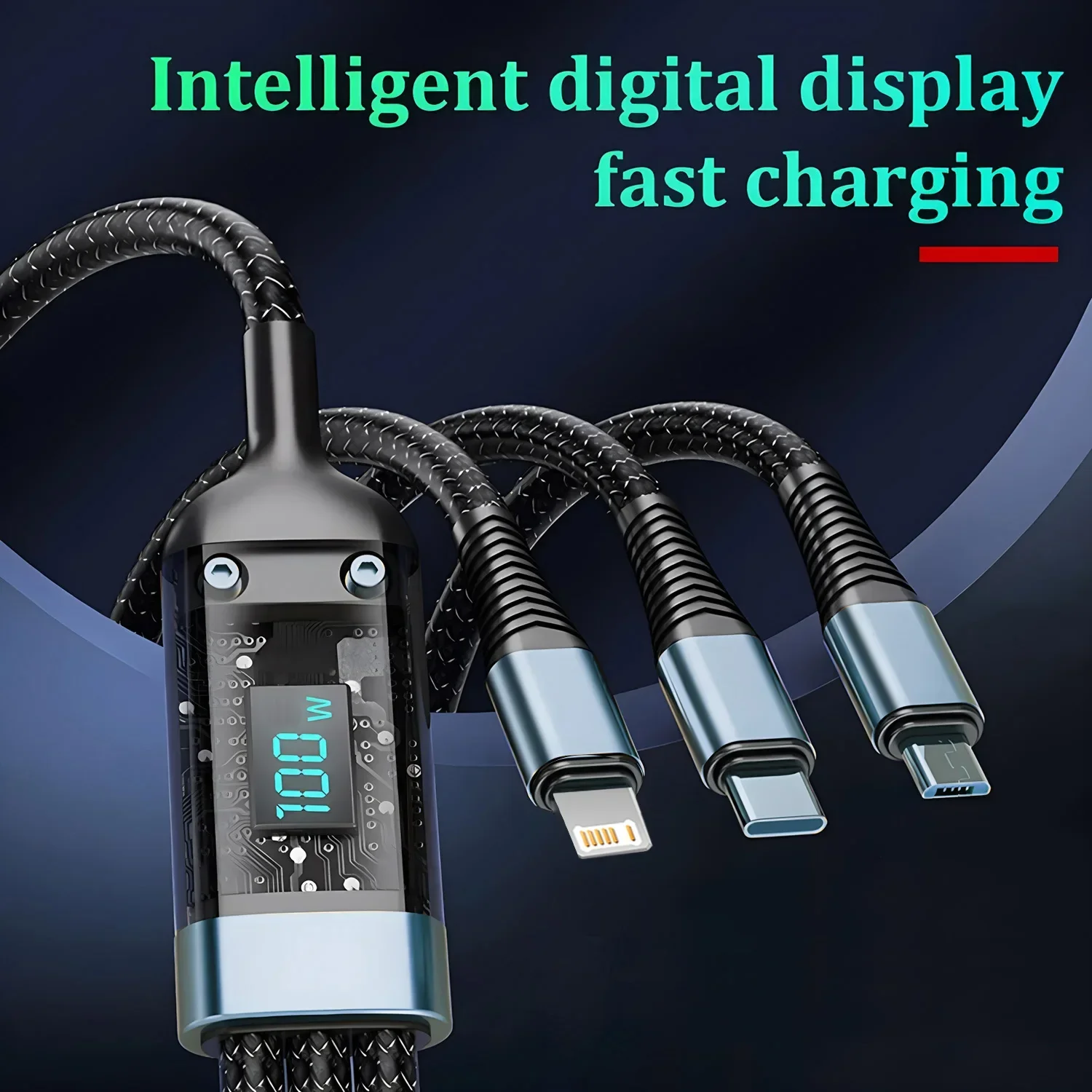 

100W 6A 3-in-1Charger Cable, USB to Type-C/Micro/LIGHTNING Multi Charging Cord for iPhone 15/14/13 Samsung Xiaomi Huawei