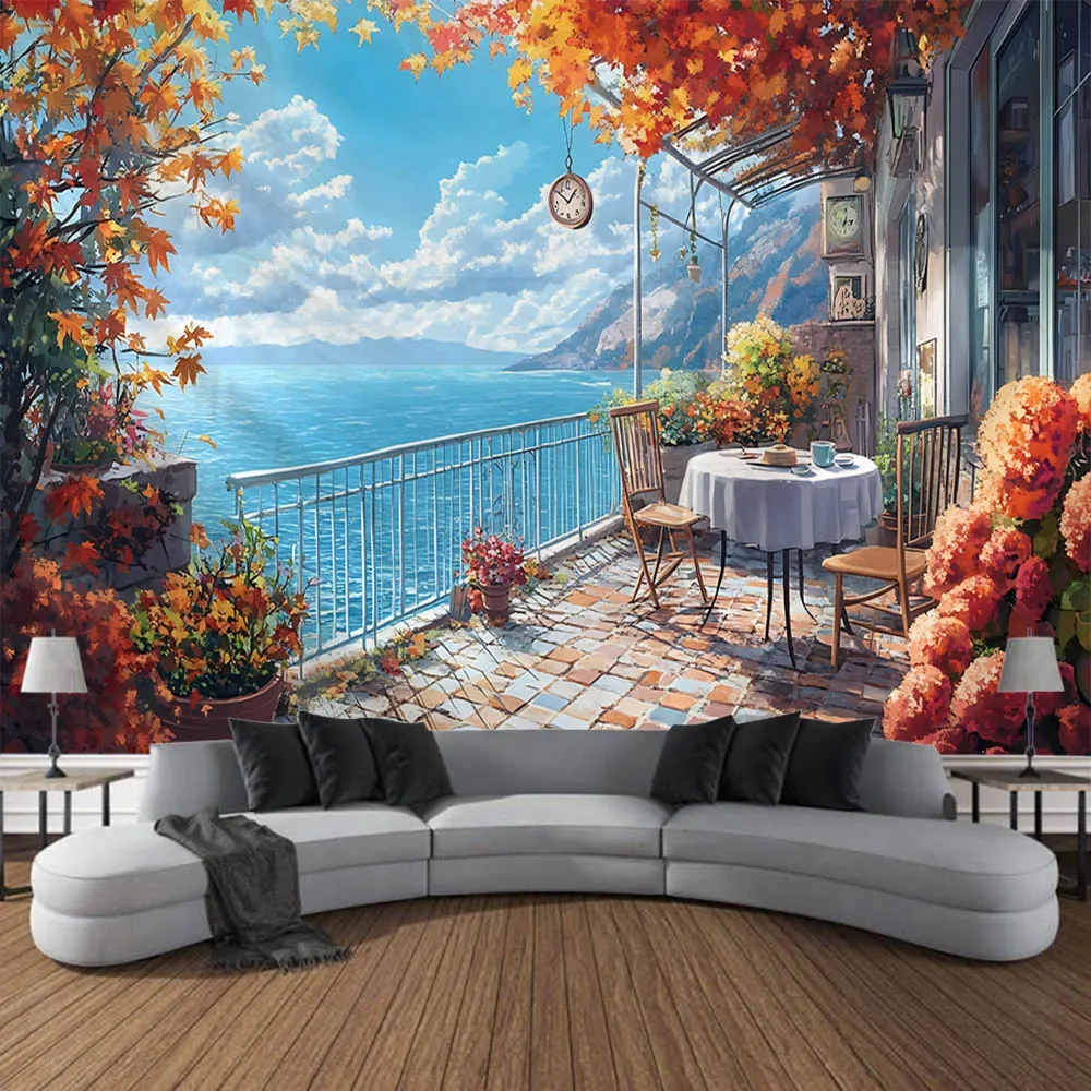 Natural landscape tapestry, sea view, European architecture, photo background poster, studio props, home decoration wall hanging