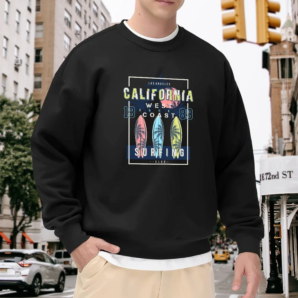 

Men's Black Crew Neck Loose Sweatshirt with California Surf Print, Vintage Casual Top, Street Fashion Versatile Style, Comfortable and Breathable for Everyday Wear