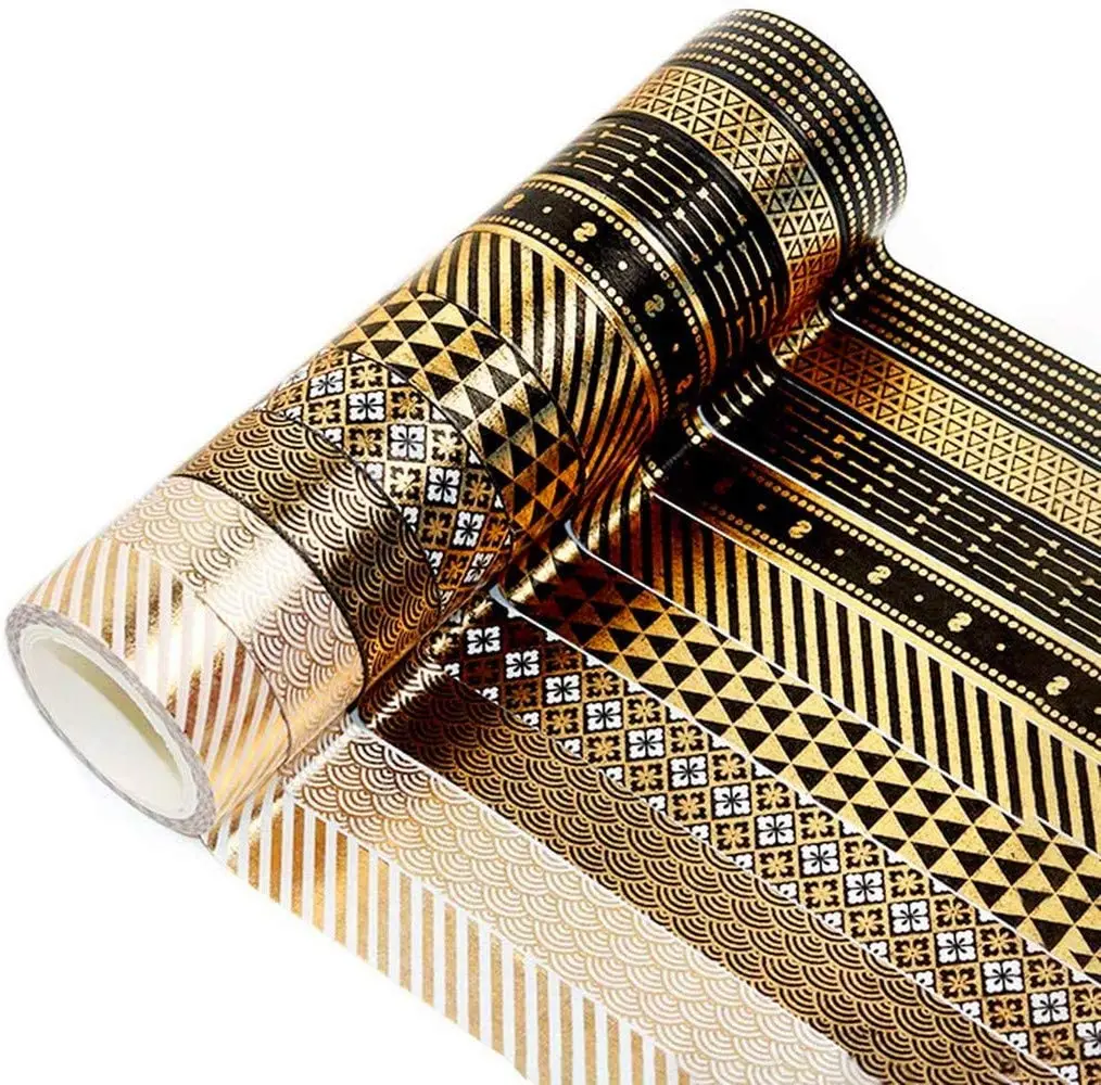 Black Gold Washi Tape Set 10 Rolls Basic Foil Print Decorative Masking Tapes for Arts, DIY Crafts, Journals, Planners, Scrapbook