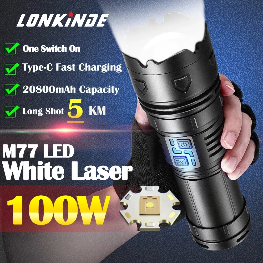 

20000LM Super Bright Tactical Flashlight 100W GT60 Long Range 5000m Powerful LED Torch USB Rechargeable Using 4 18650 Batteries