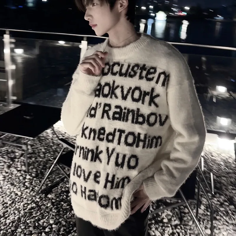 

American Sle Faux Fur Sweater Large Size 300 Pou Men's Letter Knitted Jaet Autumn Winter Loose Fit Polyester Fiber