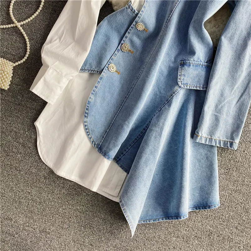 Spring  fashion irregular denim stitching long-sleeved shirt Dress Female suit Dress personality stitching dress fashion Women