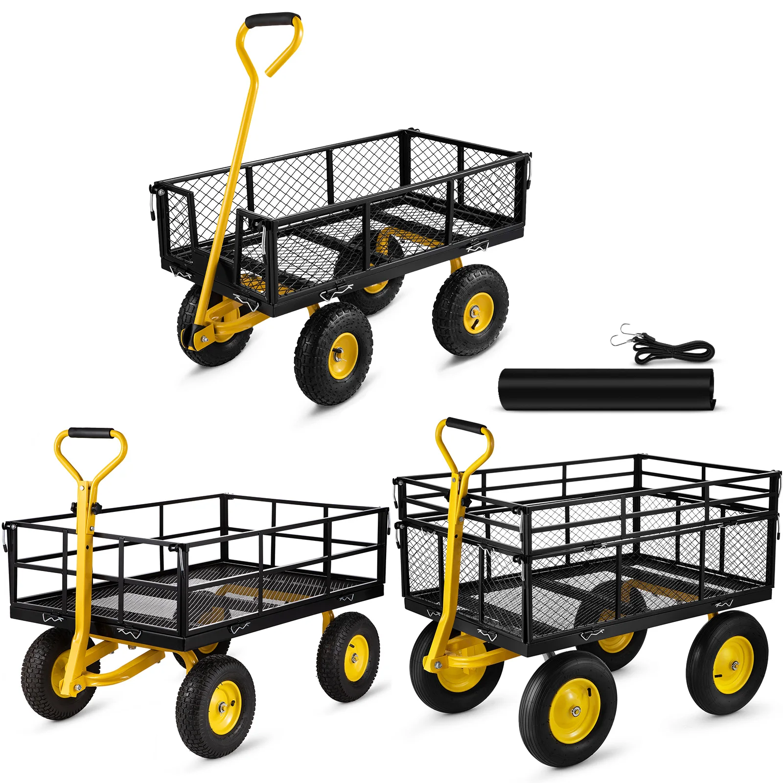 VEVOR Steel Garden Cart, 500/880/1200/1400 lbs Capacity, with Removable Mesh Sides, Perfect for Garden, Farm, Yard