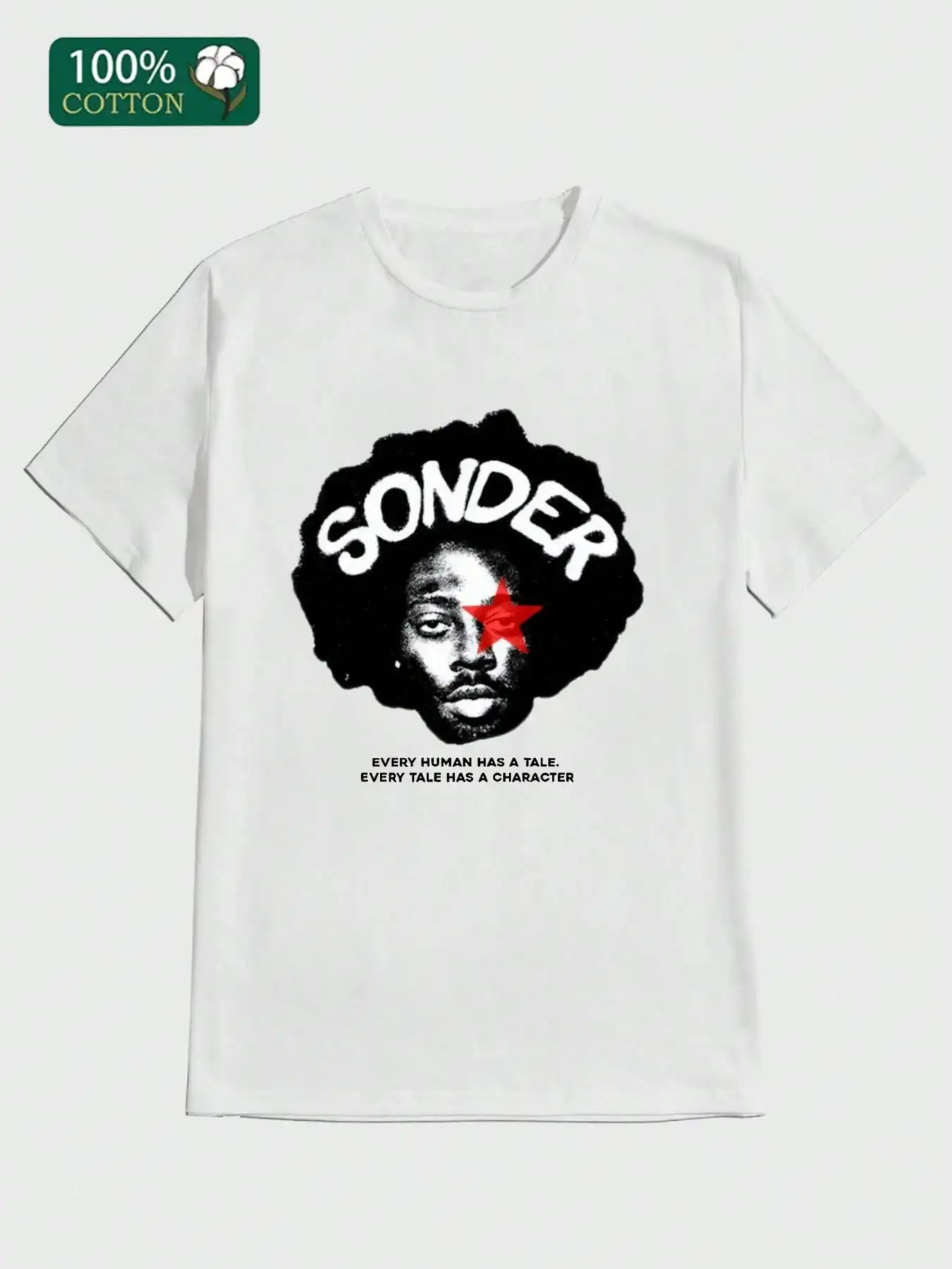 

Graphic Print T-Shirt with Bold Afro Design and Star Motif, 100% Cotton, Casual Wear