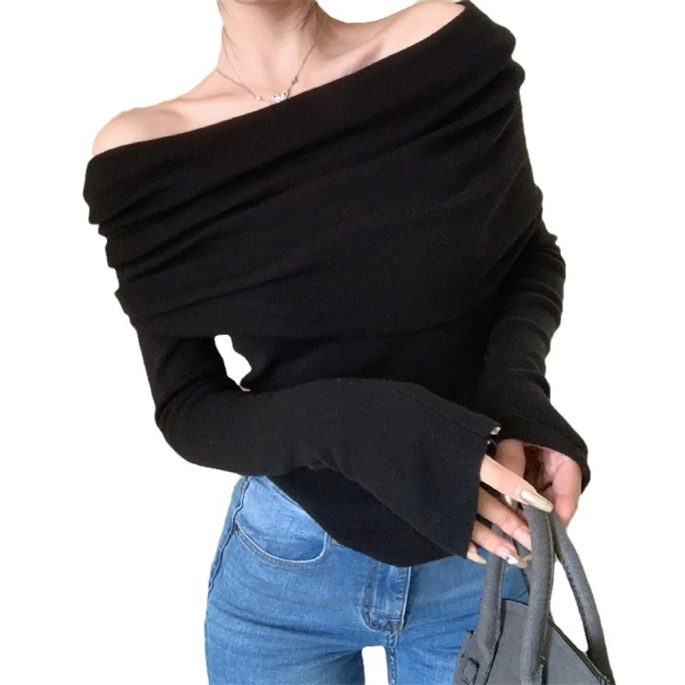 女性用長袖Tシャツ,クロップトップ,黒,スリム,セクシー,タイト,無地,韓国ファッション,y2k