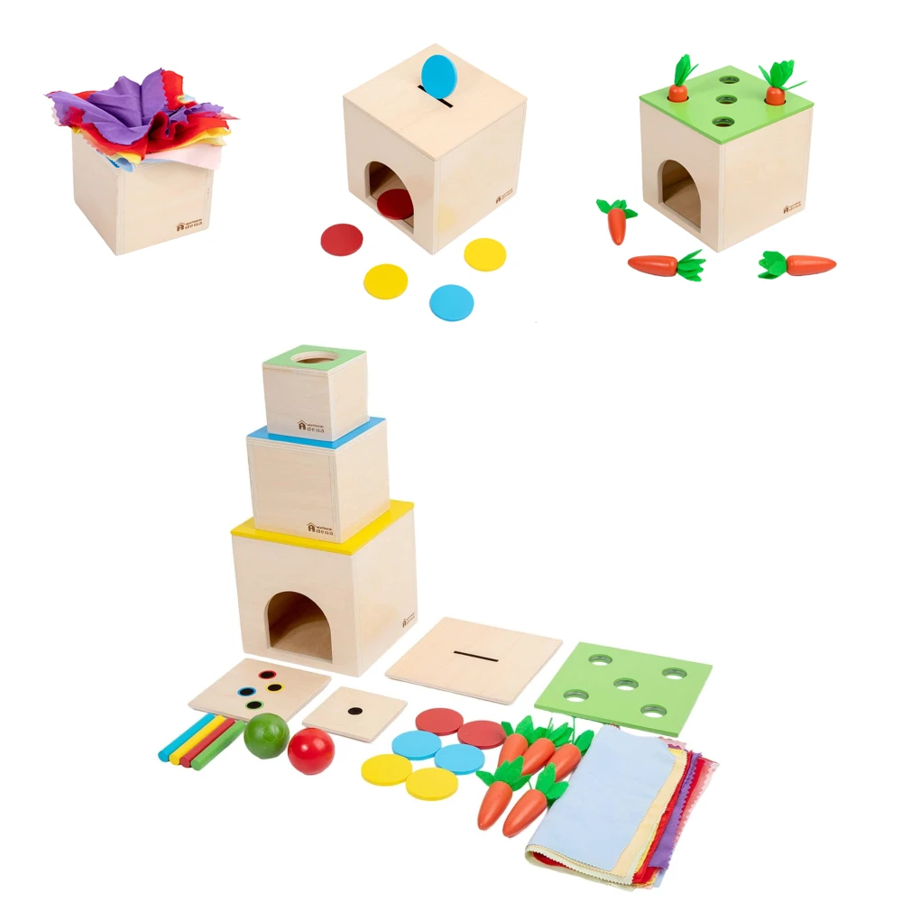 

Montessori 6 in 1 Play Kit Toys Nesting & Stacking Boxes Object Permanence Drop Game, Tissue/ Carrot/ Coin Box Sticks Matching