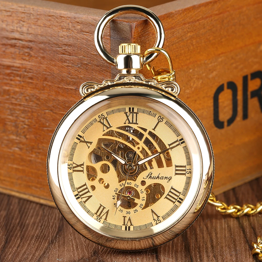 Reloj de bolsillo de cuerda manual mecánica de oro de lujo para hombres, esfera de números romanos, reloj de bolsillo colgante exquisito con cadena de bolsillo