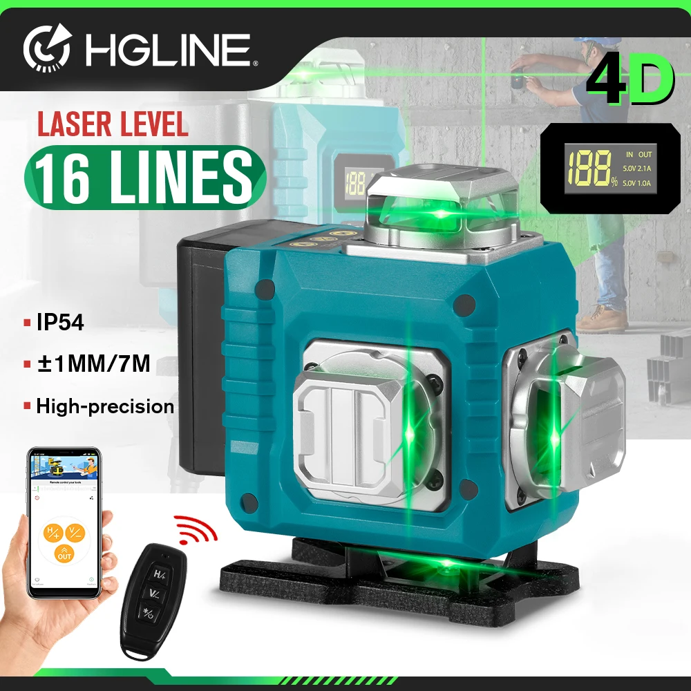 HGLINE 4D 16 Lines Laser Level 360° Horizontal Vertical Measuring Green Beam Laser Instrument Inclined Level Tools 1 Battery Set