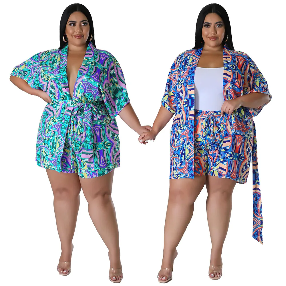 Plus Size Fashion Loose Printed Two Piece Shorts Set Summer Short Sleeve Lace Blouse Shorts Casual Tracksuit Streetwear Outfits