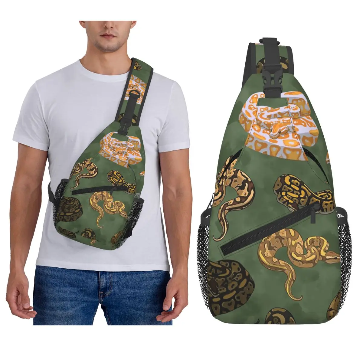 Ball Python Morphs Pattern Moss Green Chest Bag Men Sling Crossbody Backpack Chest Bag Traveling Hiking Daypack Shoulder Bag