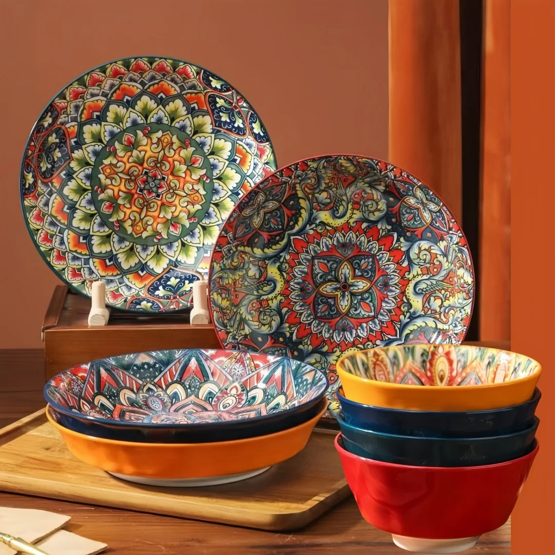 

Bohemia ceramic plate 7-piece set, high-value dessert plate, retro steak plate, pasta bowl, salad bowl, artistic soup bowl
