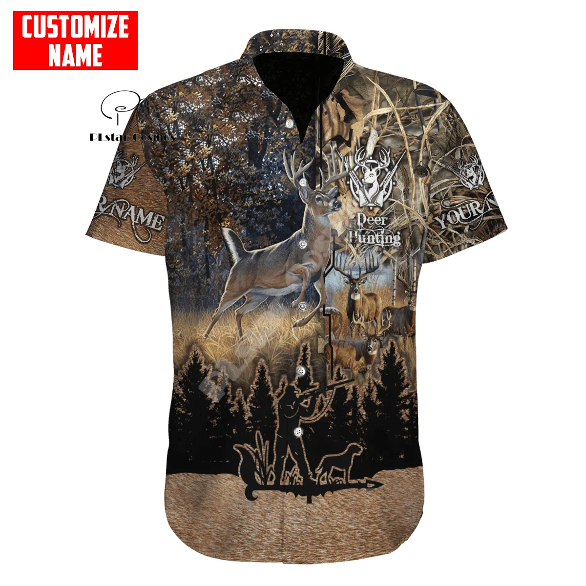 Custom Name Deer Hunting Camo Hunter Graffiti Tattoo Retro Hawaiian Shirts 3DPrint Summer Streetwear Funny Beach Short Sleeves C