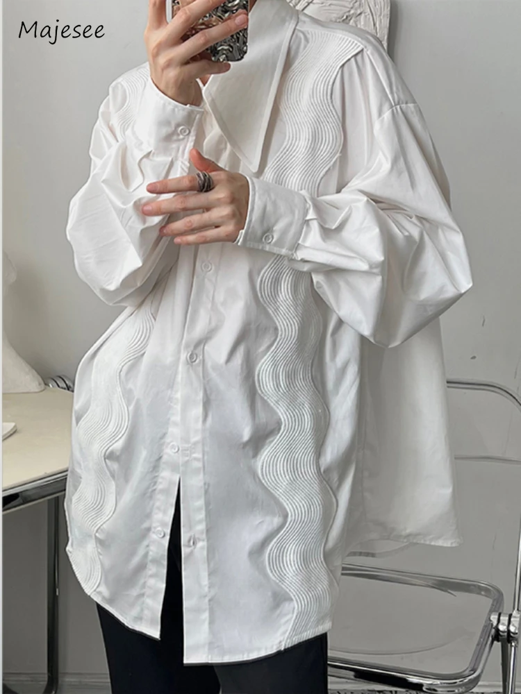 

Shirts Men Solid Color Loose Oversize Spring Autumn Casual Large Collar Long Sleeve Fashion British Style Daily Wave Embroidery