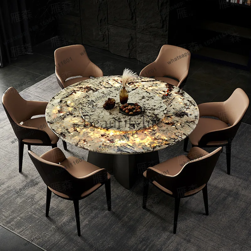 Luxury Stone Snow Mountain Flying Fox Villa Dining Table Italian Dining Table Light Luxury Natural Marble Round Dining Table