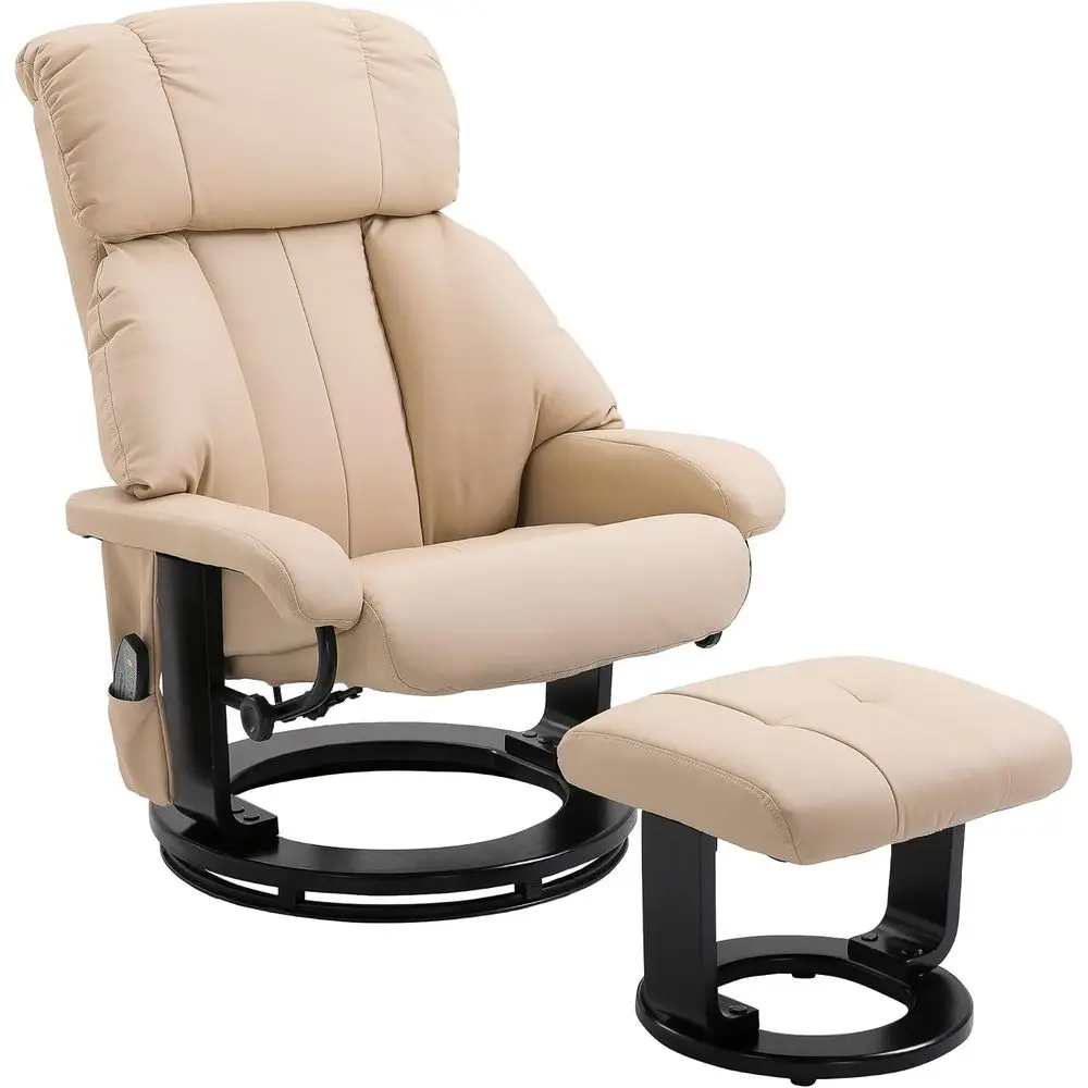 Massage Recliner Chair with Ottoman, 360° Swivel, ootstool, Beige | 10 Point Vibration, PU Leather Reclining Chair, Side ket, Re