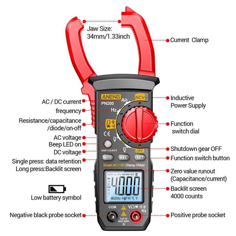 2025 New ANENG PN200 Digital Clamp Meter DC/AC 600A Current 4000 Counts Multimeter Ammeter Voltage Tester Car Hz Capacitance NCV