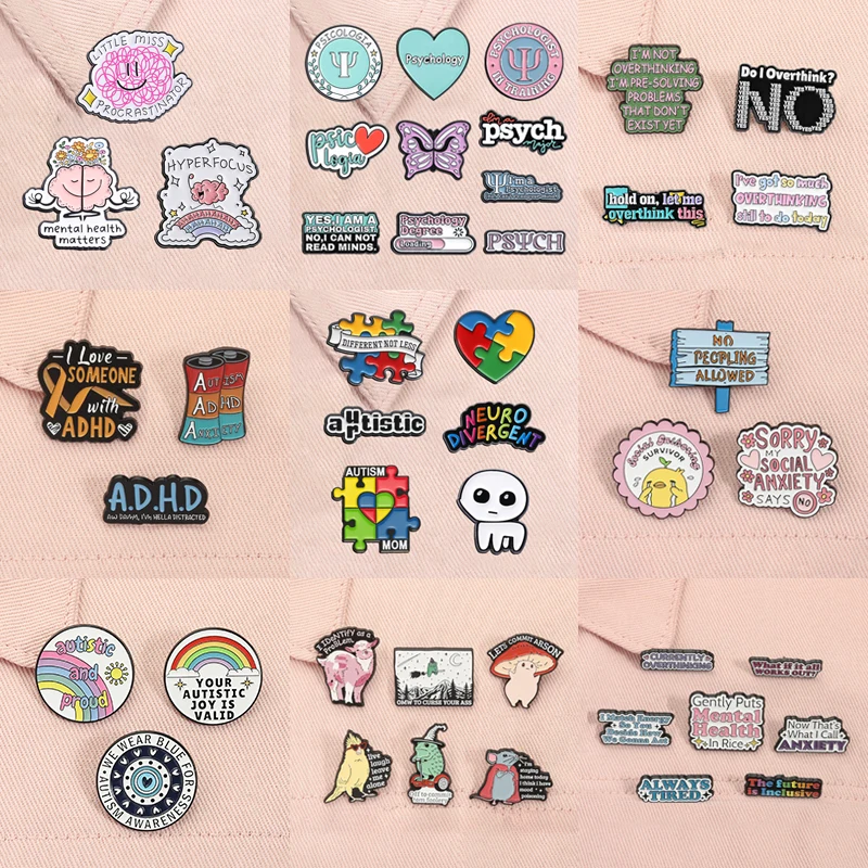 2-10 pçs/set TDAH Saúde Mental Esmalte Psicologia Ansiedade Social Overthinking Broches Introvertidos Lapela Emblema Jóias Presentes
