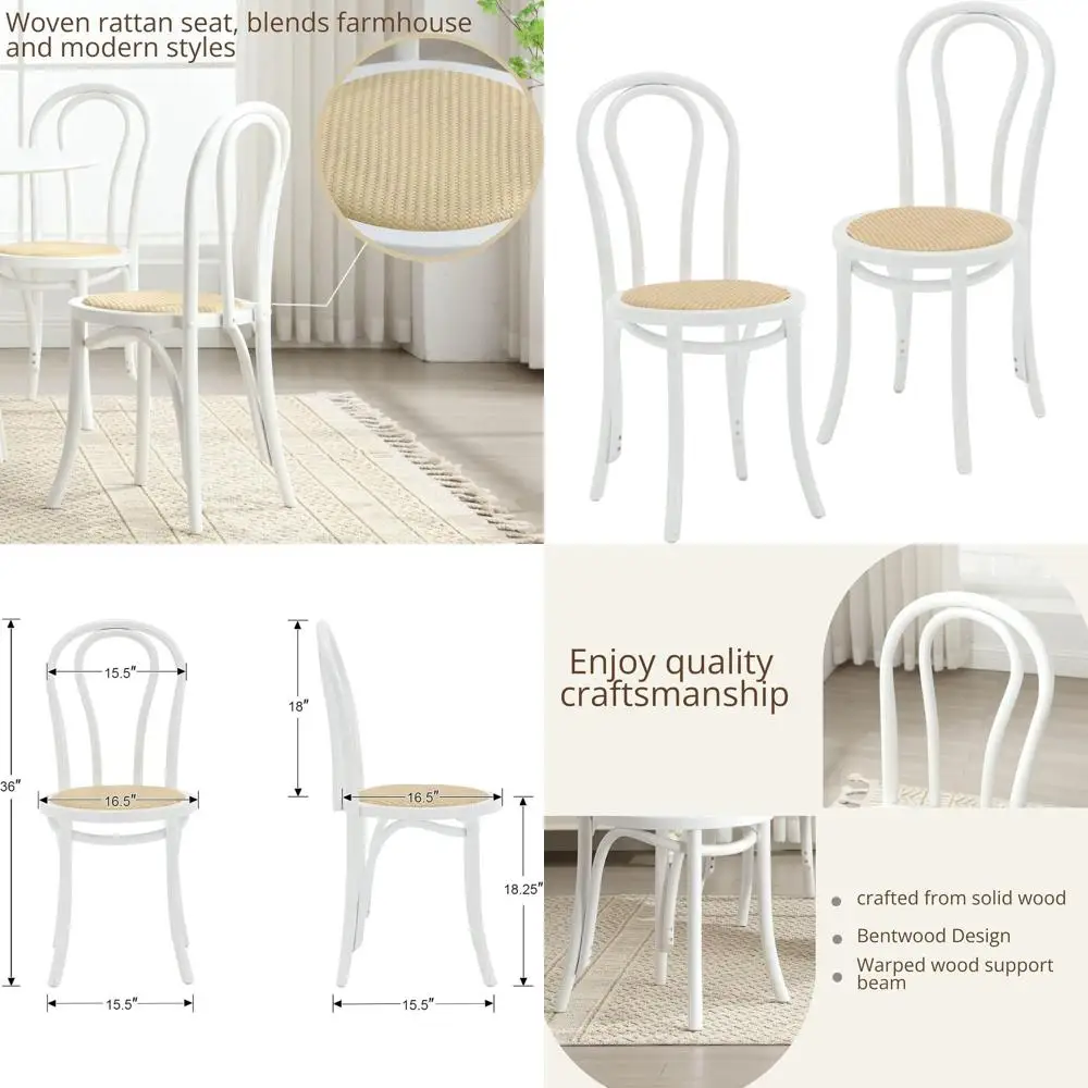 

Винтажный французский набор бистро из 2 шт., стулья со спинкой из массива ротанга для свадьбы, столовой или кухни, белый, готовый к использованию