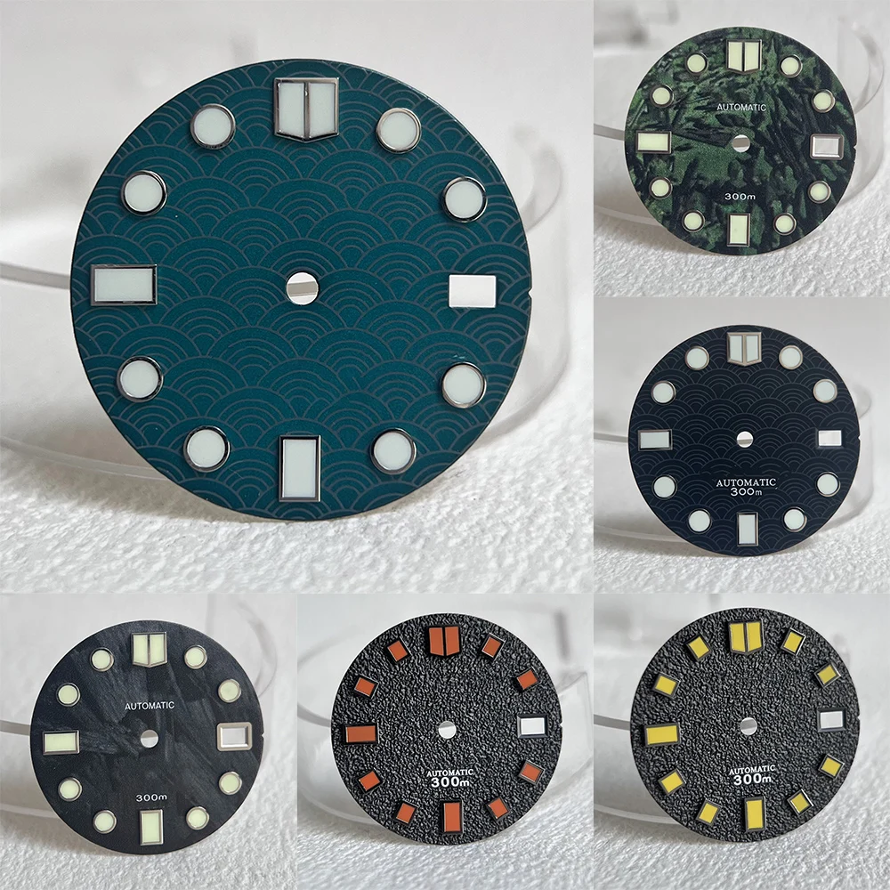 28.5mm Meteorite Texture Wave Texture Green Luminous Dial FIT NH35 3 o'clock NH36 3 o'clock Movement Case Custom Logo Dial